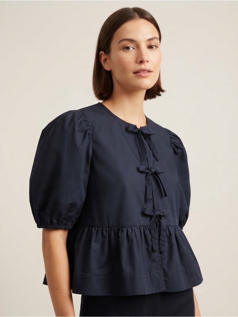 Sofie the Label Puff Short Sleeve Tie Front Peplum Blouse Top Navy Size Small